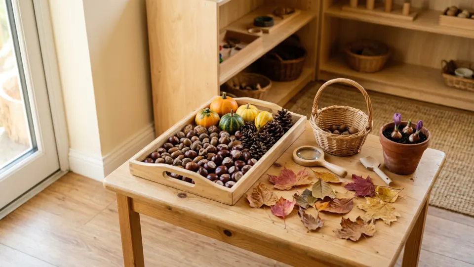 A low wooden table by a window, set out ready. A shallow tray holds conkers, acorns and pine cones with three small gourds resting on top. Beside it, autumn leaves in red and yellow are spread across the table with a wooden magnifying glass, a small scoop, a basket of acorns, and a terracotta pot of bulbs already in flower.