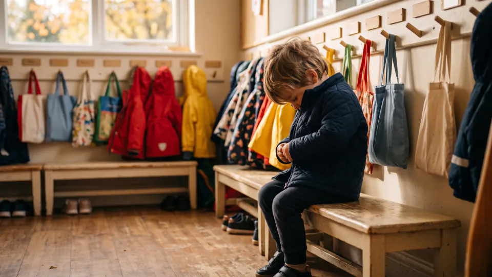 A young child sits alone on a wooden bench in a nursery cloakroom, head bent, working at the fastening of their own coat. Behind them a row of low pegs is hung with bright coats and cloth bags.