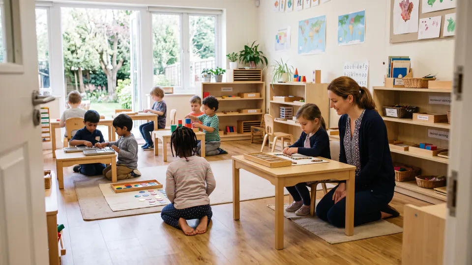 A sunlit Montessori classroom. Several children work separately at low tables and on floor mats, each with a different wooden material. The one adult in the room kneels beside a child at a table rather than standing over the group.
