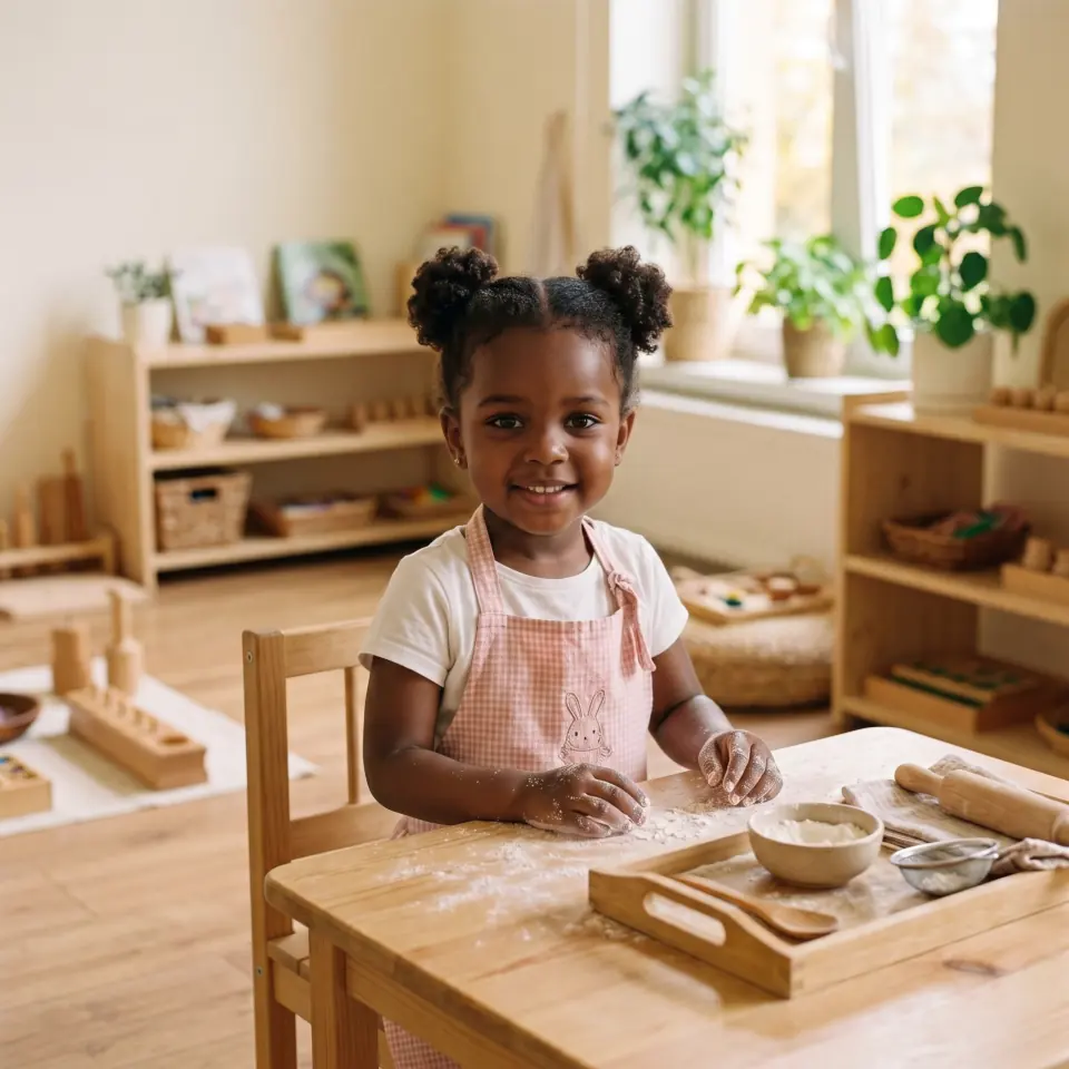 A young child in a gingham apron stands at a wooden table dusted with flour, smiling, with a bowl of flour, a sieve and a rolling pin on a tray beside them.